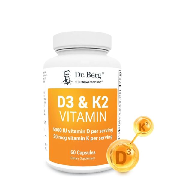 Dr. Berg D3 K2 Vitamin 5000 IU w/MCT Powder - Includes 50 mcg MK7 Vitamin K2, Purified Bile Salts, Zinc & Magnesium for Ultimate Absorption - K2 D3 Vitamin Supplement - 60 Capsules